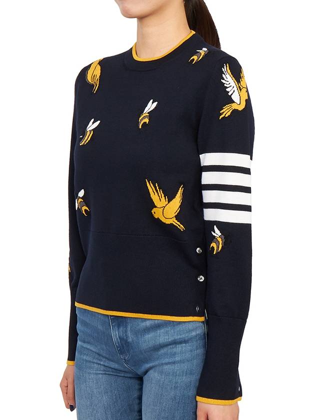 Birds Bees 4-Bar Cotton Merino Pullover Knit Top Navy - THOM BROWNE - BALAAN 3