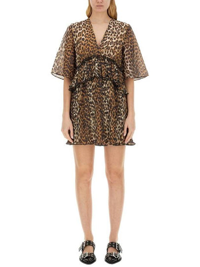 Georgette Leopard V-neck short dress - GANNI - BALAAN 2