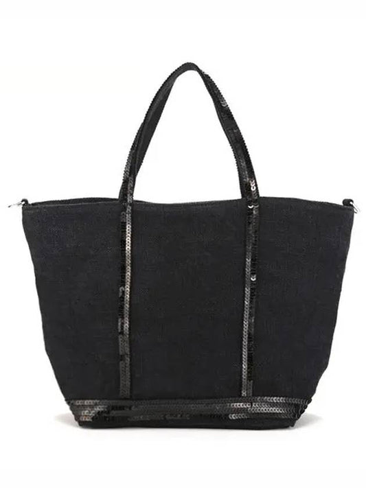 Women's Cabas Small Linen Tote Bag Black - VANESSA BRUNO - BALAAN 2