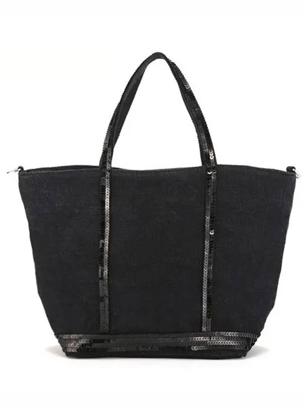 Women's Cabas Small Linen Tote Bag Black - VANESSA BRUNO - BALAAN 3