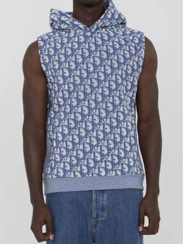 Oblique Motif Terry Fabric Sleeveless Hoodie Blue - DIOR - BALAAN 1