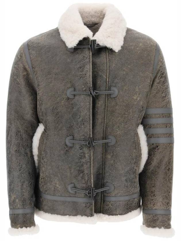 Shearling Trim Cracked Leather Jacket Grey - THOM BROWNE - BALAAN 2