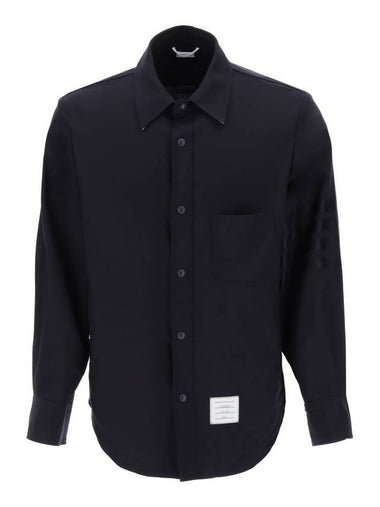 4 Bar Stripe Plain Weaving Wool Long Sleeve Shirt Navy - THOM BROWNE - BALAAN 1