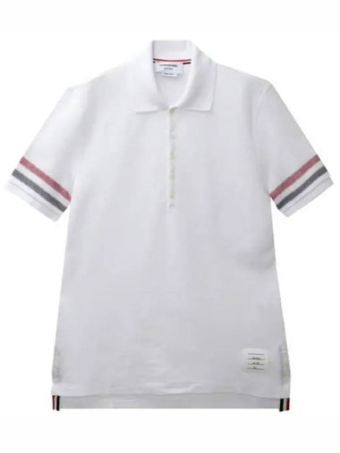 RWB trimmed textured cotton short sleeve collar - THOM BROWNE - BALAAN 1