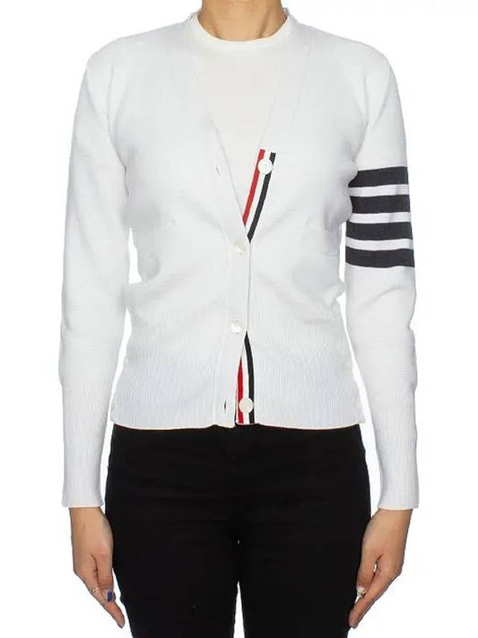 Milano Stitch 4 Bar Classic V Neck Fine Merino Wool Cardigan White - THOM BROWNE - BALAAN 2