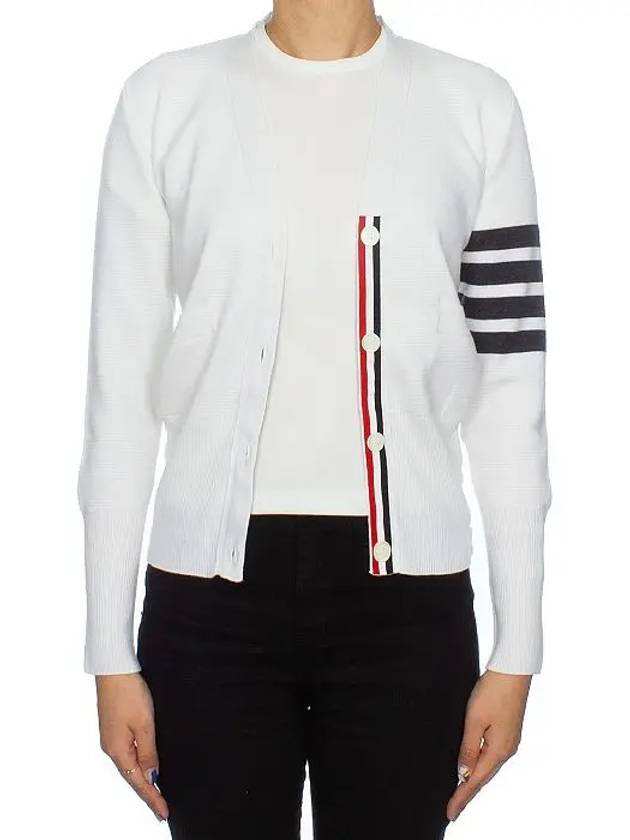 Milano Stitch 4 Bar Classic V Neck Fine Merino Wool Cardigan White - THOM BROWNE - BALAAN 3