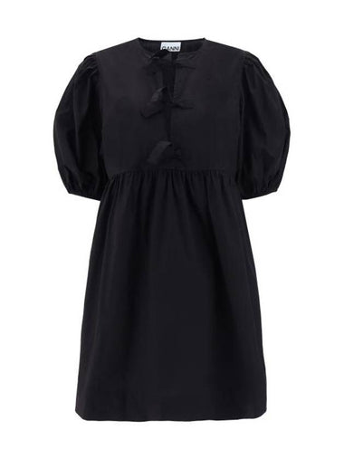 Poplin Tie String Cotton Short Dress Black - GANNI - BALAAN 1