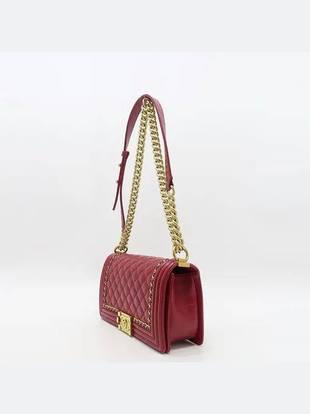 A67086 Red Calfskin Boy Medium Chain Decoration Gold Logo Flap Shoulder Bag - CHANEL - BALAAN 3