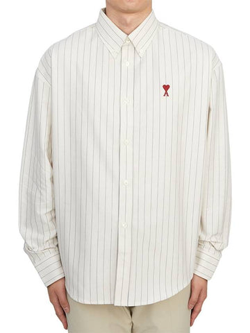 De Coeur Small Heart Logo Striped Long Sleeve Shirt Cream - AMI - BALAAN 1