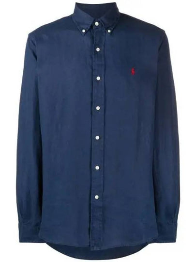 Men's Pony Embroidery Linen Oxford Long Sleeve Shirt Blue - POLO RALPH LAUREN - BALAAN 2