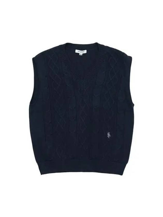 Logo Embroidered Cable Knit Vest Navy - SPORTY & RICH - BALAAN 2