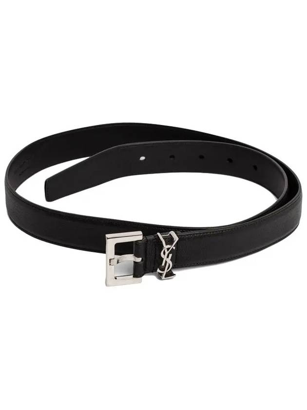 Silver Hardware Monogram Buckle Leather Belt Black - SAINT LAURENT - BALAAN.