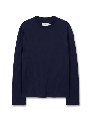 Loose ribbed mock neck knit t-shirt NAVY - WEST GRAND BOULEVARD - BALAAN 1