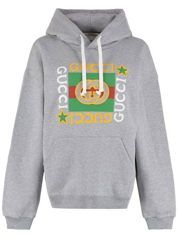 Web Logo Print Hooded Top Gray - GUCCI - BALAAN.