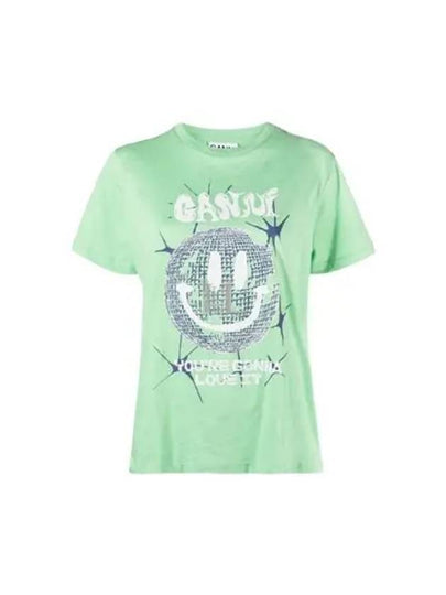 Smiley Relaxation Logo Round Neck Cotton Short Sleeve T-Shirt Green - GANNI - BALAAN 2