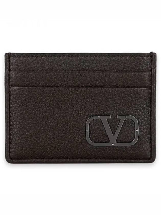 Signature V Logo Leather Card Wallet Brown - VALENTINO - BALAAN 2