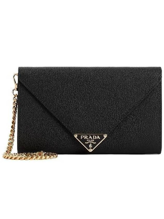 Triangle Logo Saffiano Chain Clutch Bag Black - PRADA - BALAAN 2