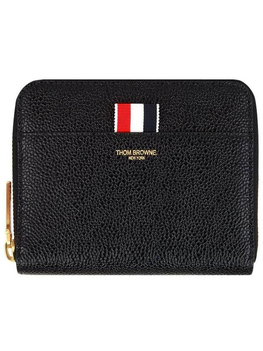 Three Stripes Pebble Grain Zipper Round Half Wallet Black - THOM BROWNE - BALAAN 2