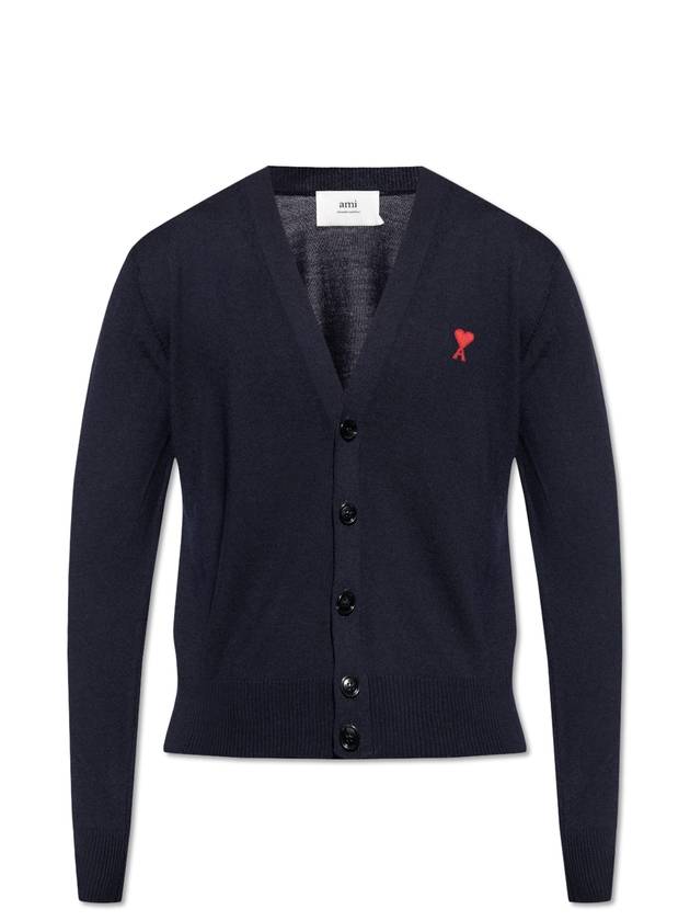 Red Heart Logo Merino Wool Cardigan Navy - AMI - BALAAN 1