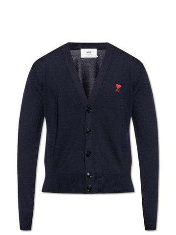 Red Heart Logo Merino Wool Cardigan Navy - AMI - BALAAN 1