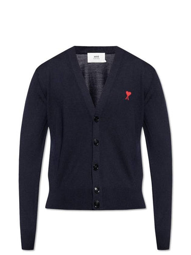 Red Heart Logo Merino Wool Cardigan Navy - AMI - BALAAN 1