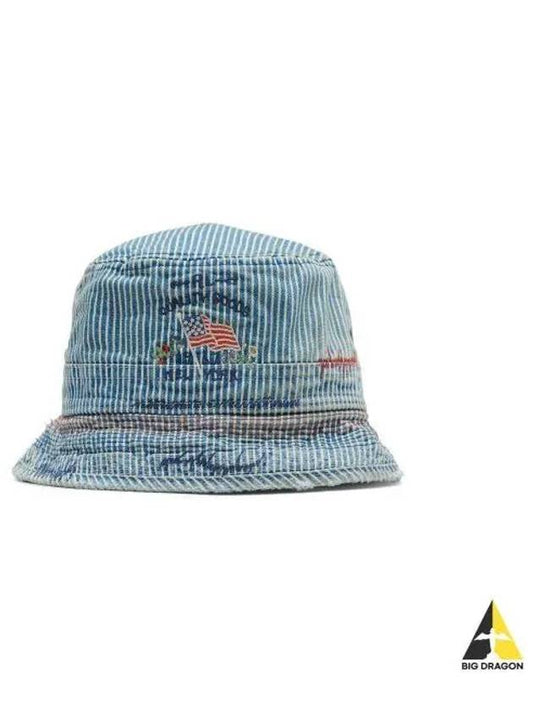 Distressed Striped Denim Bucket Hat Blue - POLO RALPH LAUREN - BALAAN 1