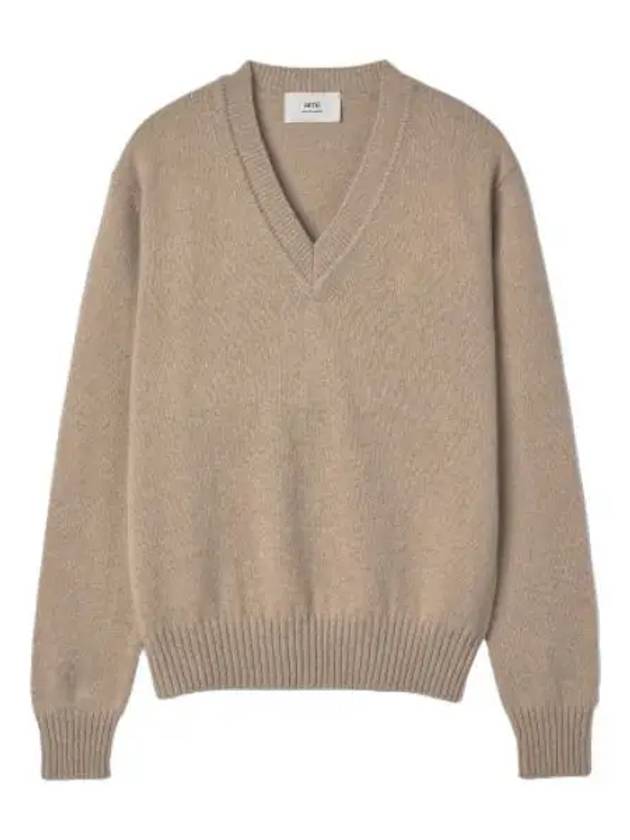 Heart logo V neck knit beige - AMI - BALAAN 1