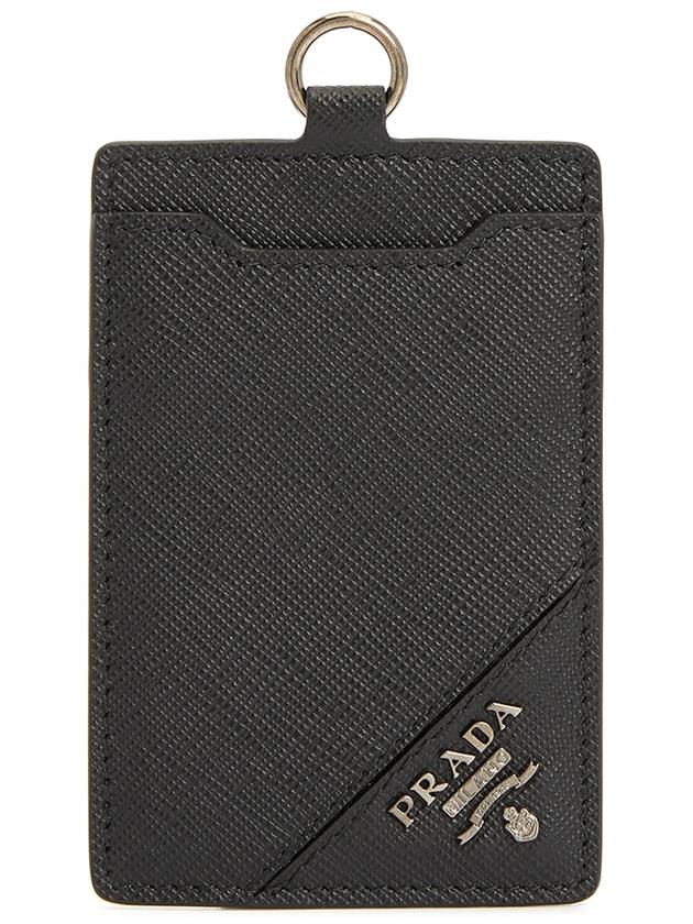 Logo Neck Strap Saffiano Leather Card Wallet Black - PRADA - BALAAN 3