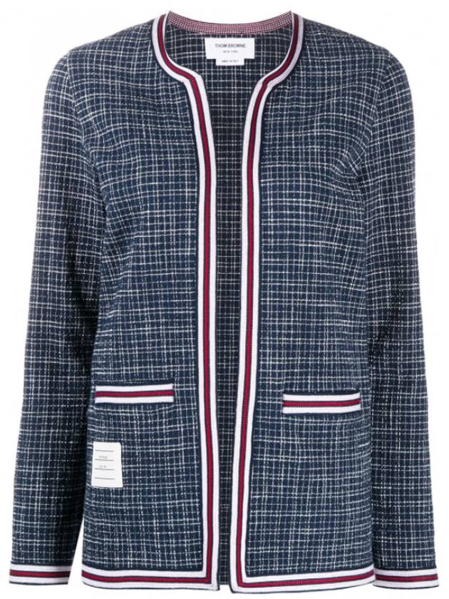 Women's Small Hairline CheckTweed Cardigan Navy - THOM BROWNE - BALAAN 1