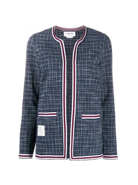 Women's Small Hairline CheckTweed Cardigan Navy - THOM BROWNE - BALAAN 1