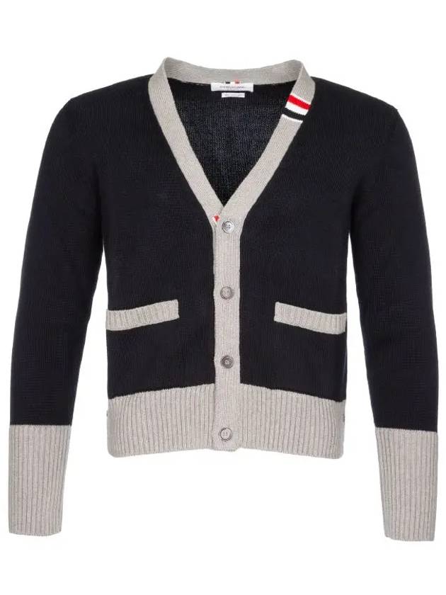 Three Stripe V Neck Cotton Cardigan Navy - THOM BROWNE - BALAAN 2