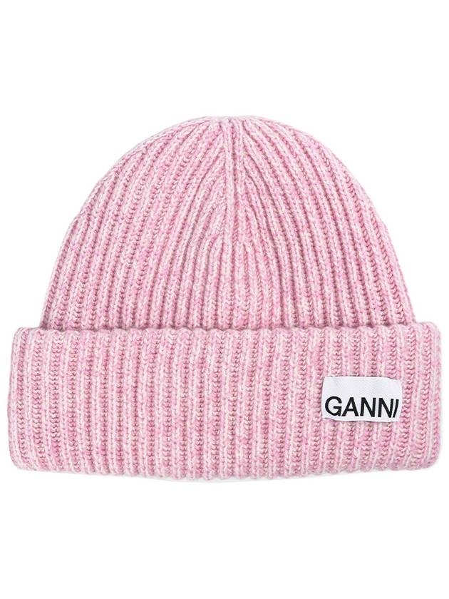 Logo Patch Knit Beanie Pink - GANNI - BALAAN 2