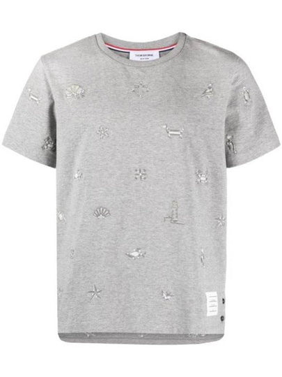 Embroidered Cotton Short Sleeve T-Shirt Grey - THOM BROWNE - BALAAN 2