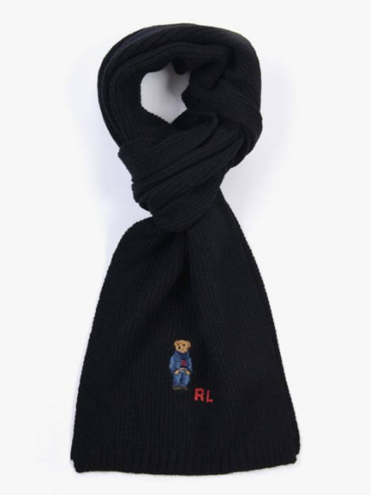 denim jeans bear embroidery wool muffler black - POLO RALPH LAUREN - BALAAN.