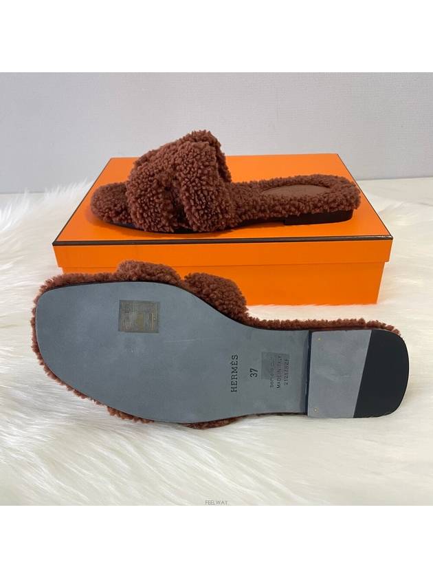 Fleece Oran Shearling Sandals Slippers Brown - HERMES - BALAAN 5