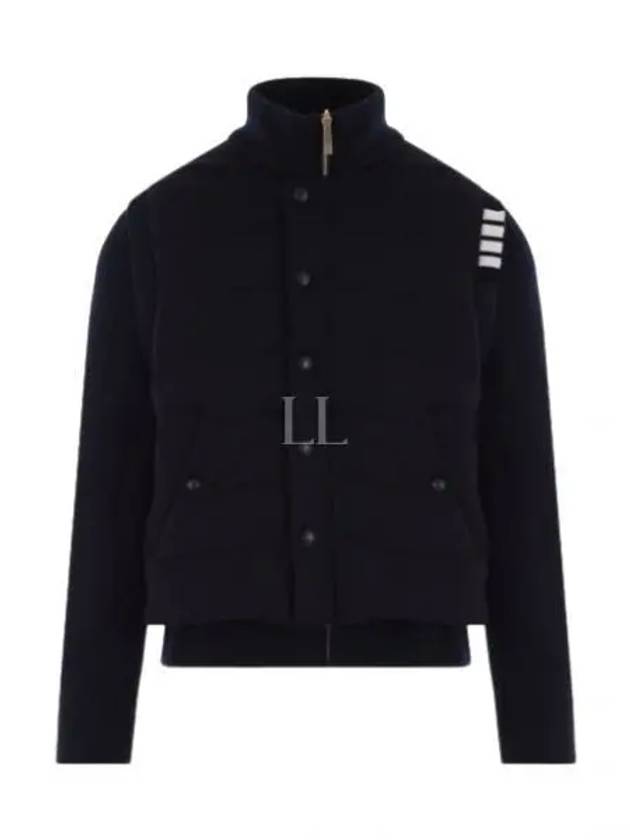 Men's Reversible Padded 4 Bar Funnel Neck Merino Jersey Padding Jacket Navy - THOM BROWNE - BALAAN 2