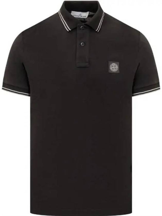 Stretch Cotton Pique Short Sleeve Polo Shirt Black - STONE ISLAND - BALAAN 2