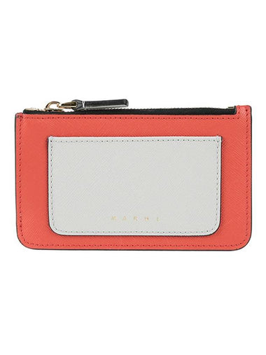 Saffiano Two-Tone Zipper Card Wallet Indian Orange Pelican - MARNI - BALAAN 1