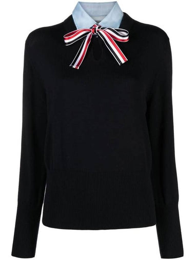 Jersey Stitch Ribbon Tie Knit Top Navy - THOM BROWNE - BALAAN 1