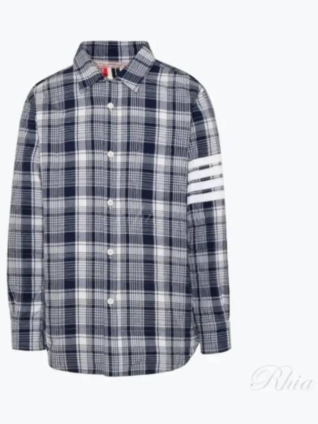 Madras Hairline Striped Diagonal Armband Check Padded Long Sleeve Shirt Navy - THOM BROWNE - BALAAN 2