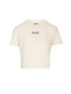 Logo Patch Crop Cotton Short Sleeve T-shirt Light Beige - MIU MIU - BALAAN 1