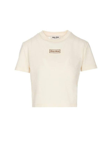 Logo Patch Crop Cotton Short Sleeve T-shirt Light Beige - MIU MIU - BALAAN 1