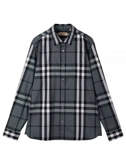 Check Stretch Cotton Blend Long Sleeve Shirt Grey - BURBERRY - BALAAN 2