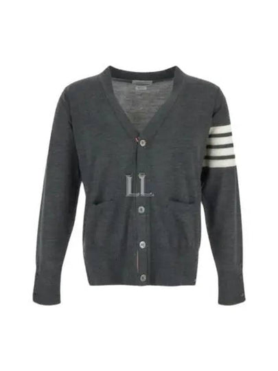 4-Bar V-Neck Milan Seersucker Cardigan Medium Grey - THOM BROWNE - BALAAN 2