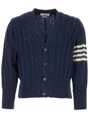 Donegal Twist Cable 4 Bar Classic V Neck Cardigan Blue - THOM BROWNE - BALAAN 1