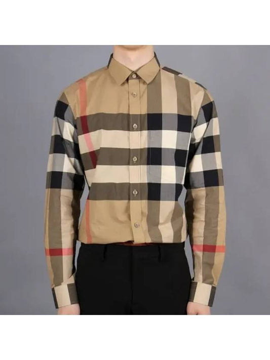 Check Stretch Cotton Poplin Long Sleeve Shirt Beige - BURBERRY - BALAAN 2