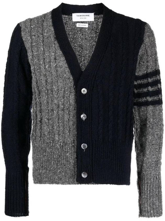 Funmix Donnyroll Cable 4 Bar V-Neck Cardigan Medium Grey - THOM BROWNE - BALAAN 1