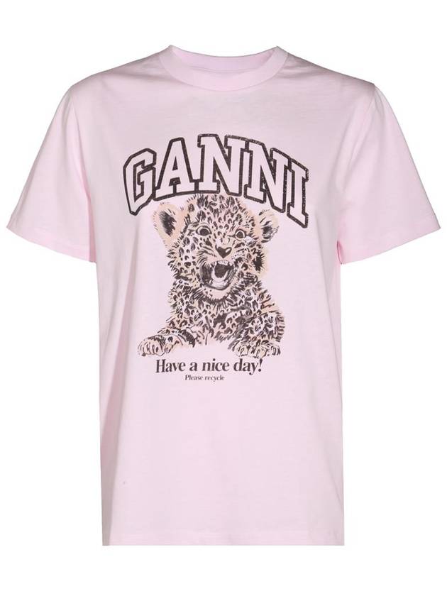 Leopard Print Cotton Short Sleeve T-Shirt Pink - GANNI - BALAAN 1