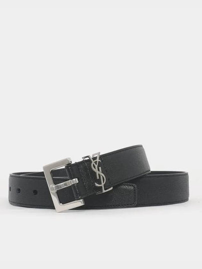 Silver Hardware Monogram Buckle Leather Belt Black - SAINT LAURENT - BALAAN 2