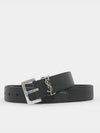 Silver Hardware Monogram Buckle Leather Belt Black - SAINT LAURENT - BALAAN 3